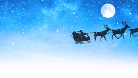Animation-of-black-silhouette-of-santa-claus-in-sleigh-being-pulled-by-reindeer-with-full-moon-and-s