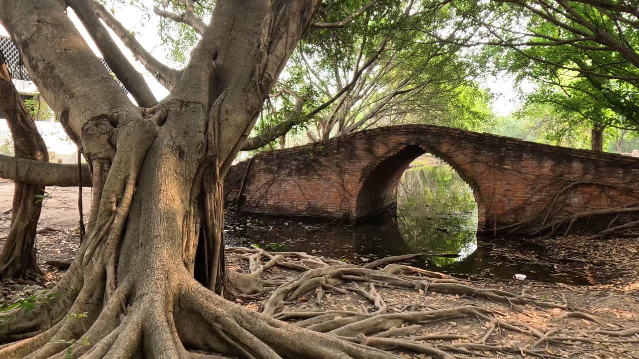 Palla riflettente che si muove attraverso un'ambientazione con ponte antico