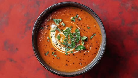 closeup of a bowl of red soup with cream, basil and black pepper