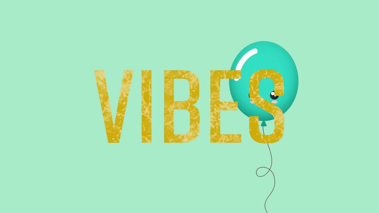 animación de la palabra vibra en oro con globo azul flotante en azul pálido