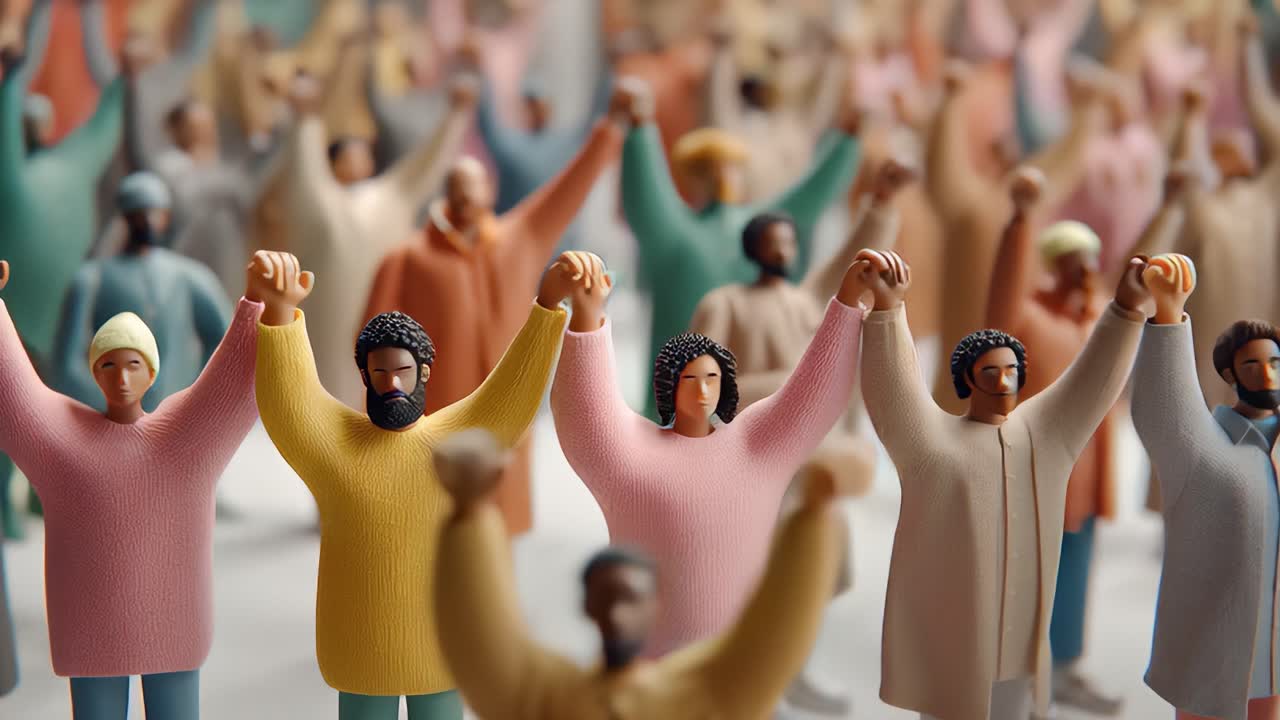 A Diverse Group of Miniature Figures Uniting in Solidarity, Raising Their Arms Together to Express Collective Strength and Support, Symbolizing Community and Togetherness