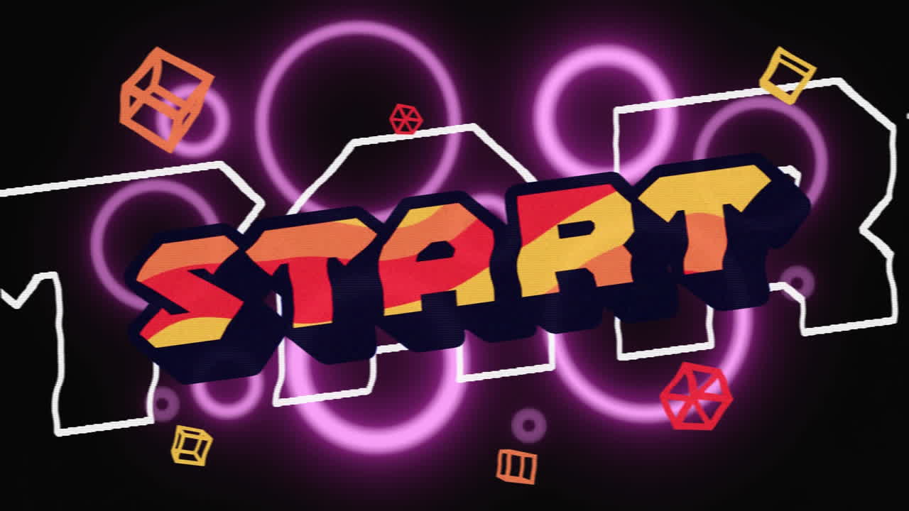 animazione digitale in stile retro con testo iniziale e forme astratte al neon su sfondo nero