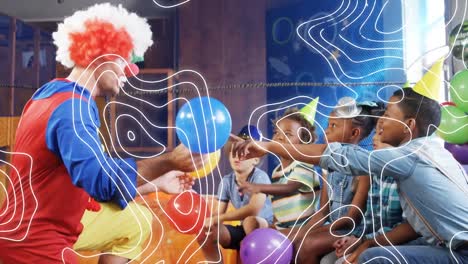 Animation-of-white-lines-over-diverse-children-and-clown-at-birthday-party