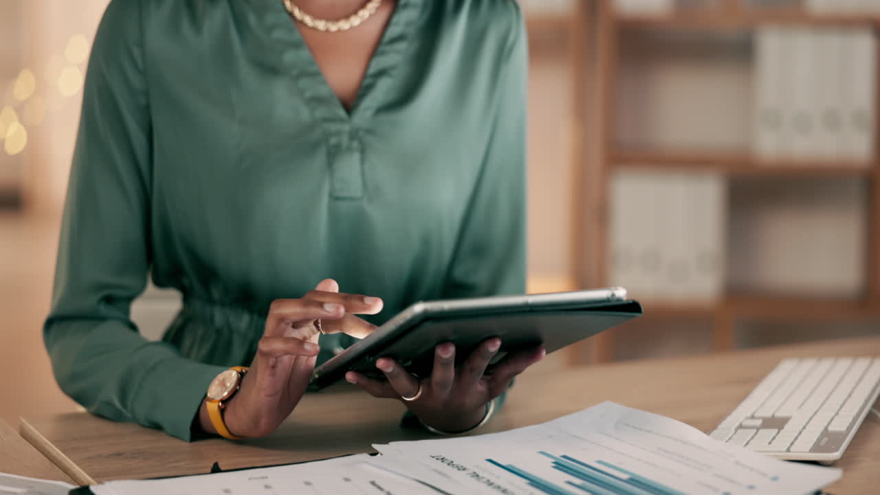 Happy woman on tablet in night office for market