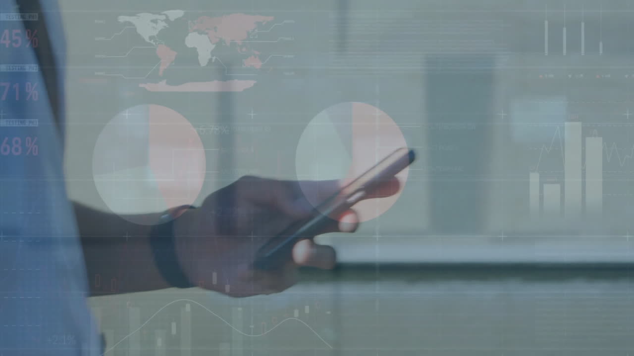 Animation of data processing and diagrams over biracial casual businessman using smartphone