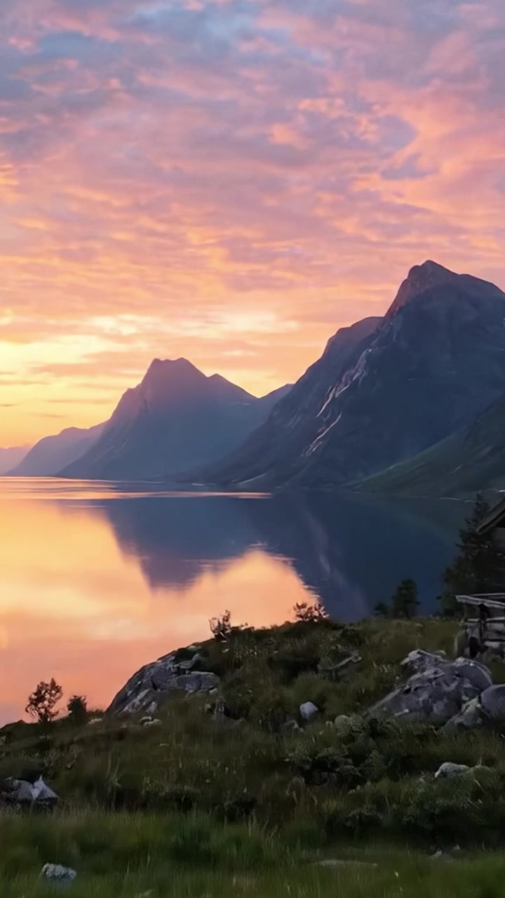 Fredfyldte bjerge spejlet i rolige vande ved solnedgang: En fængslende scene af naturens pragt, hvor majestætiske tinder møder farverige himle og rolige søer.