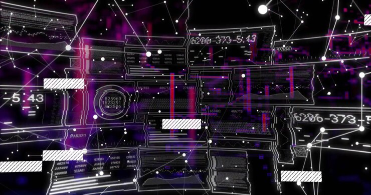 Purple glow pulsing, causing HUD showing panels, sliding hatched bars, updating UI for monitoring