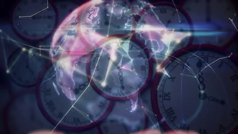 Animation-of-networks-of-connections-and-globe-over-multiple-clocks-moving-fast