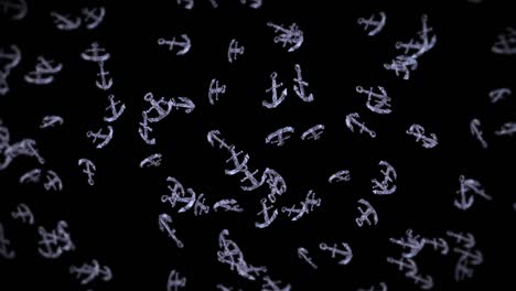 flying many anchors on black background. ship and boat anchor. marine icon. 3d loop animation of anchor rotating.