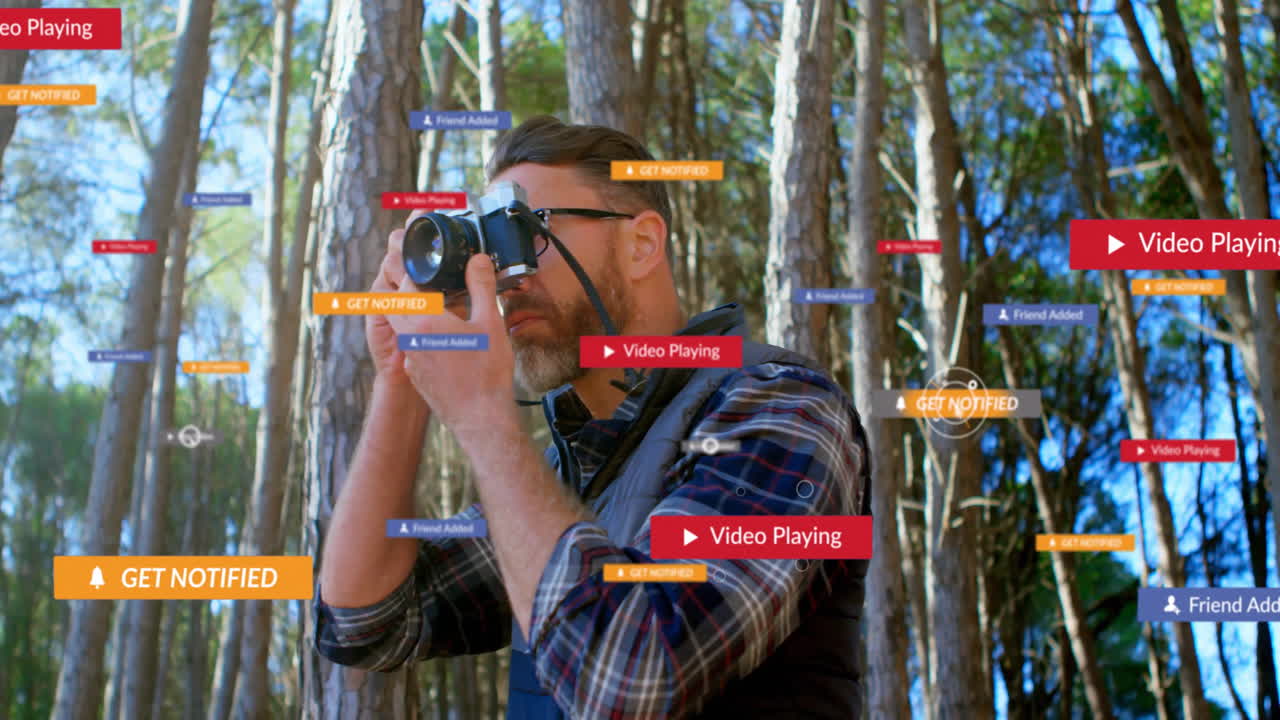 man photographing forest with DSLR showing floating notification icons representing technology