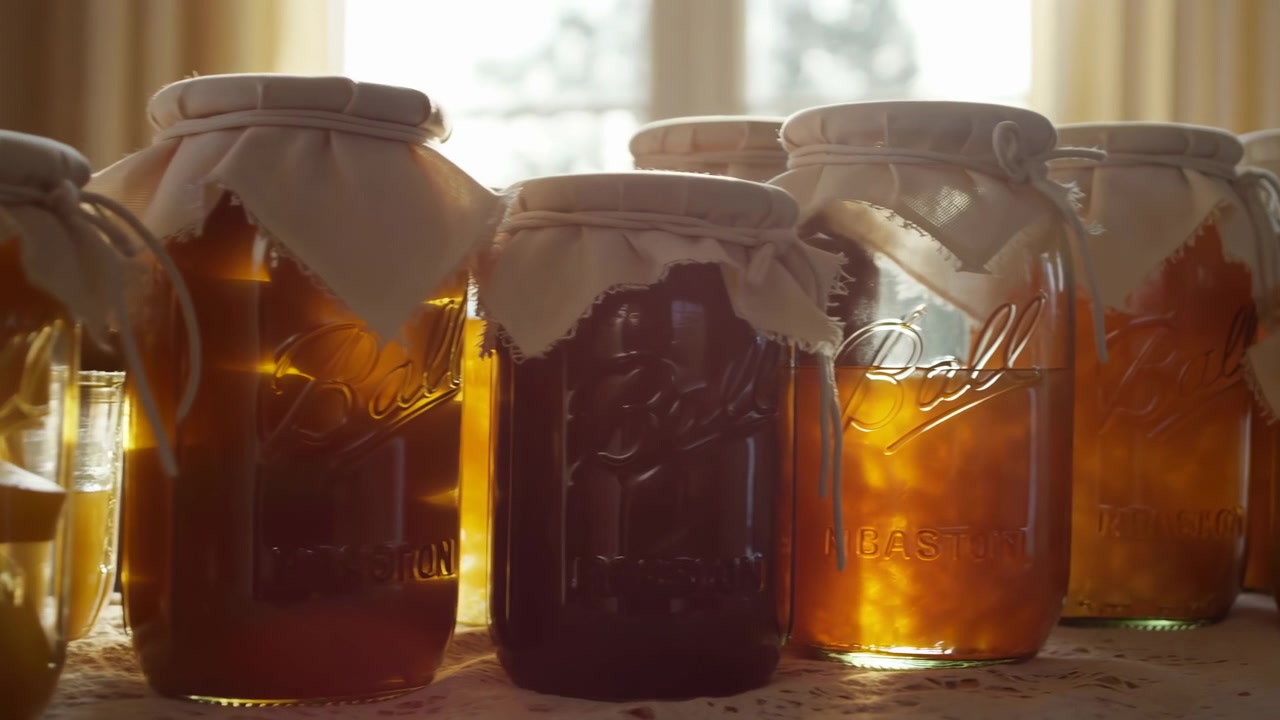 Time progression from early wide view to near-final closeup showing row of glass jars with cloth covers on lace tablecloth beside bright window