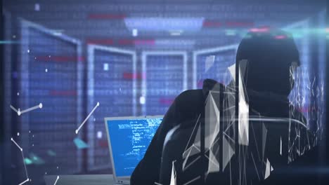 Screens-of-network-of-connections-against-male-hacker-using-laptop-in-server-room