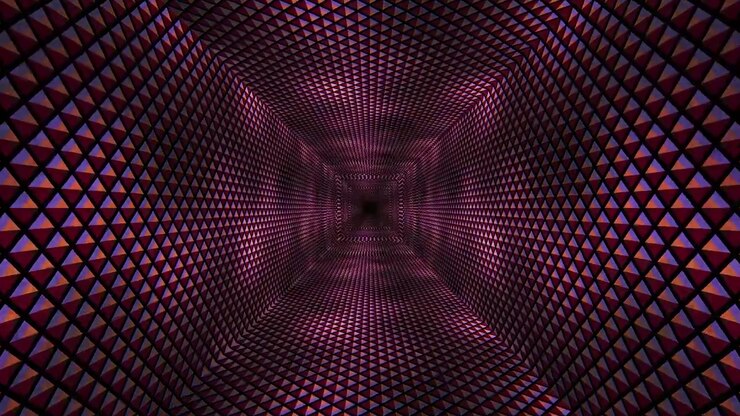 Túnel Abstrato de Formas de Pirâmide Roxas e Vermelhas Brilhantes