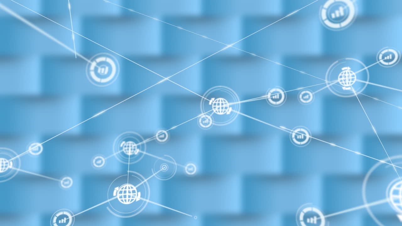 animación de la red de conexiones con iconos sobre fondo azul