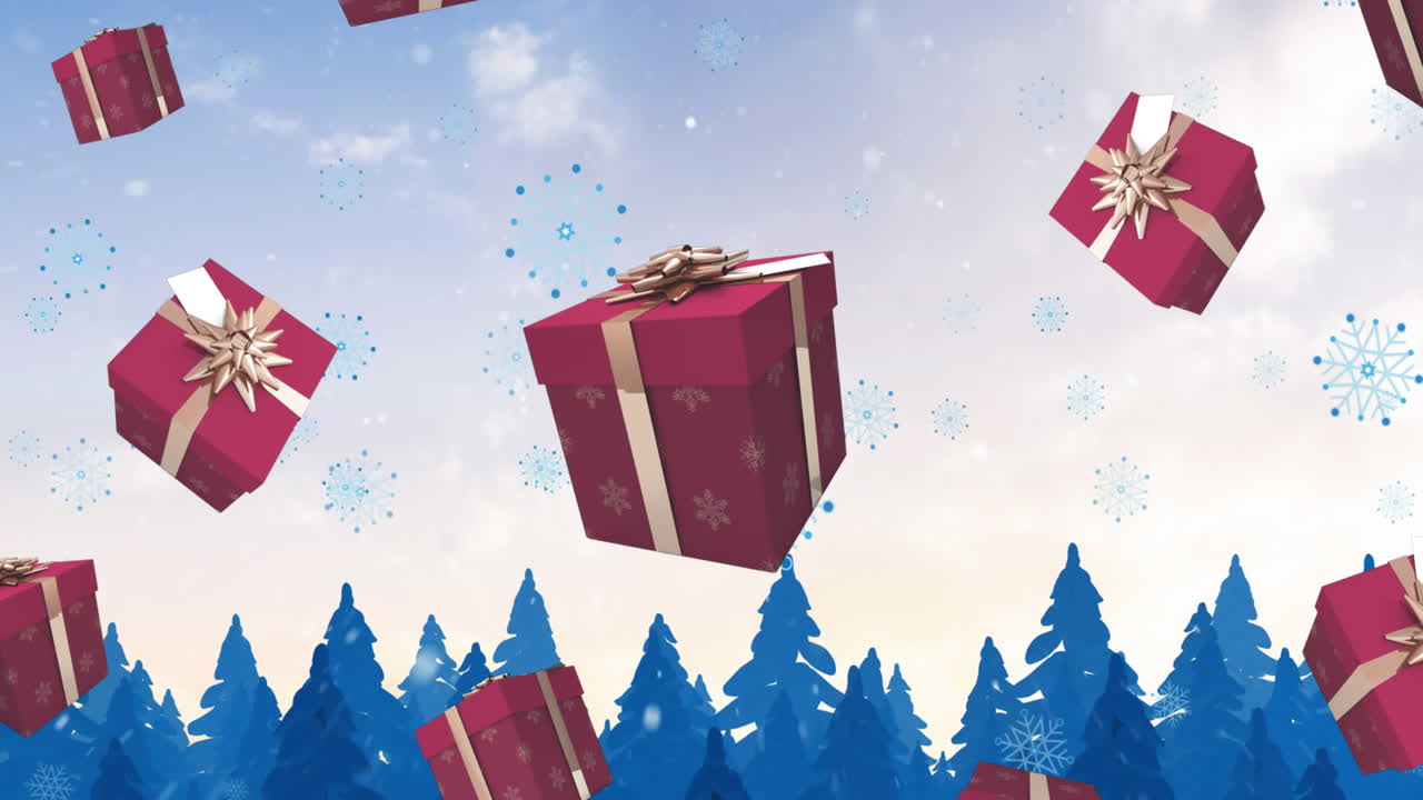 Animation of christmas presents and snow falling over winter landscape