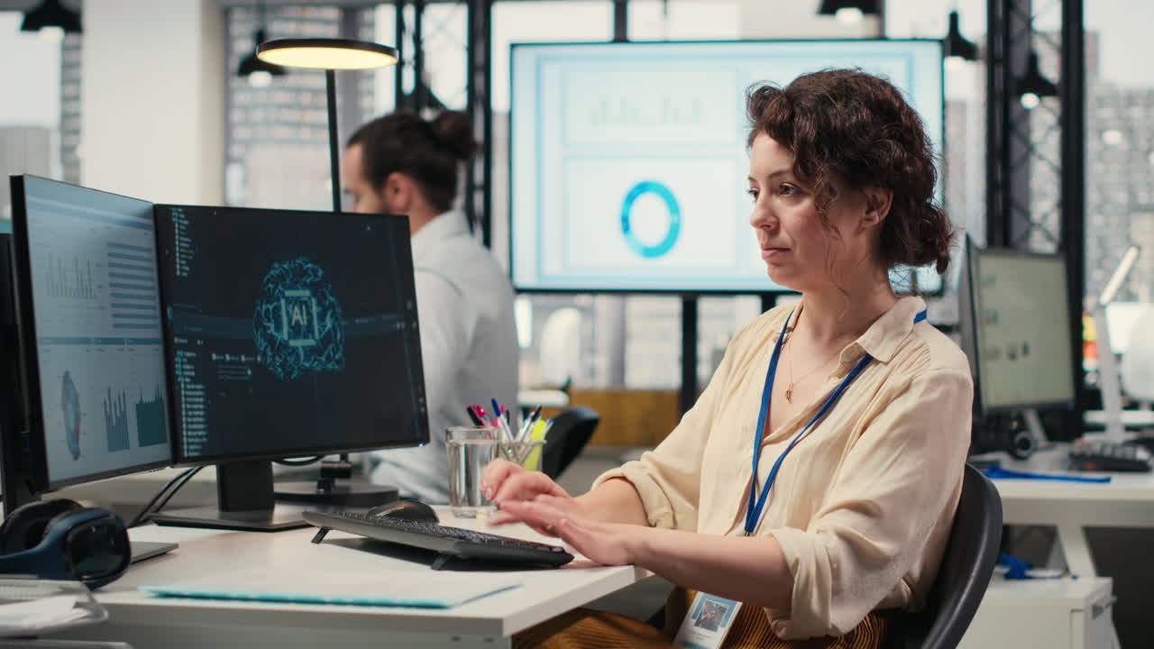 Vertical Video Office administrator checking monthly reports with AI analytics platform