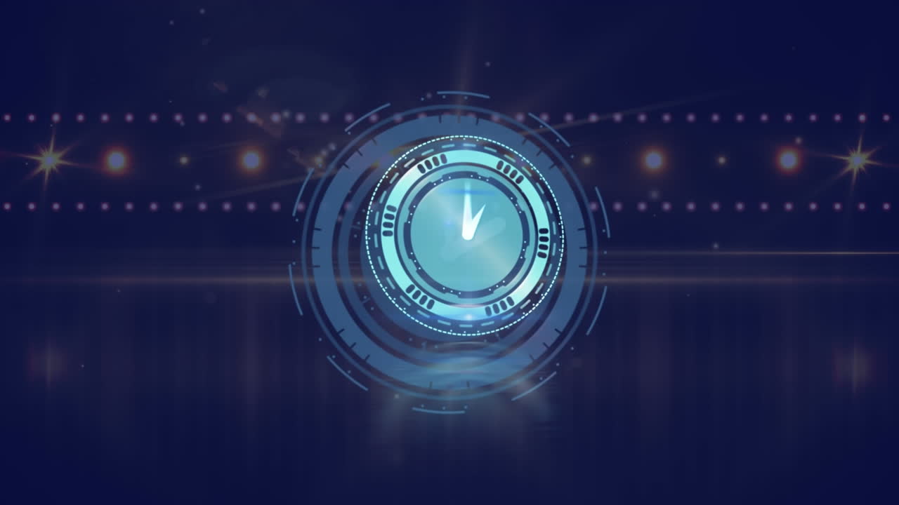 Animation of clock moving fast over glowing spot lights