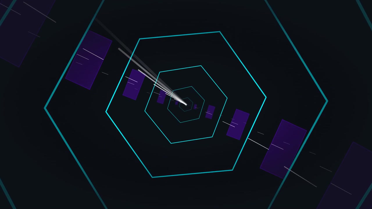 Abstract Motion Graphics Tunnel with Glowing Hexagons and Floating Rectangles