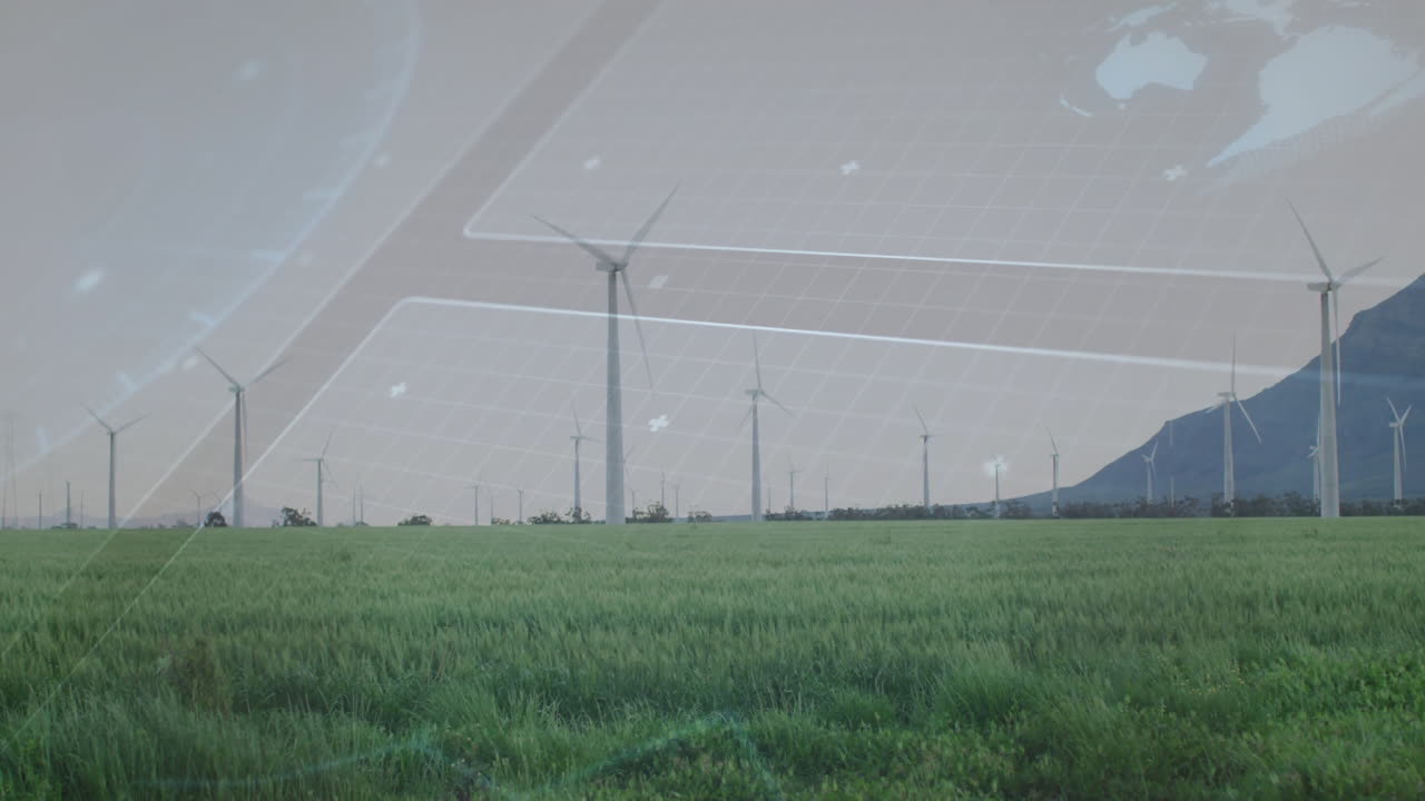 Wind turbines rotating across grassy field under translucent digital grid and world map overlay