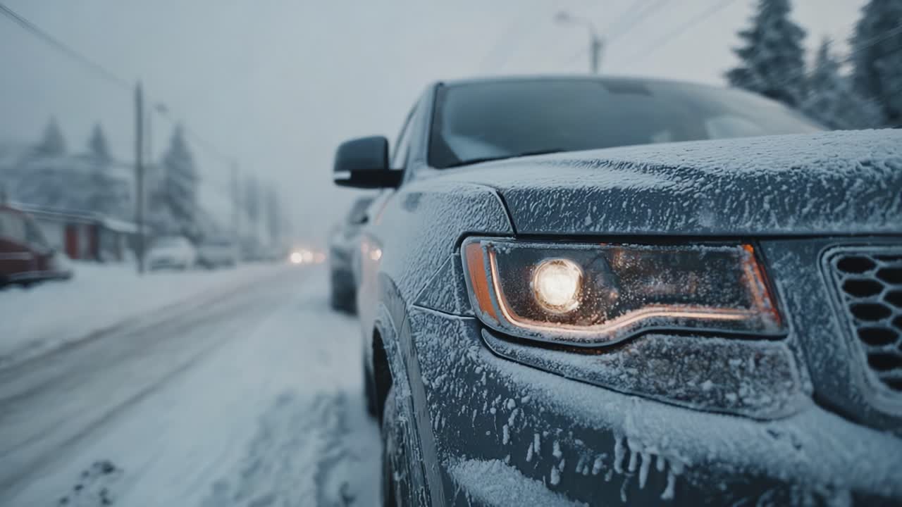 A Close-Up View of a Car Covered in Snow, Capturing the Essence of a Wintery Landscape with Visibility Challenges and Frosty Conditions