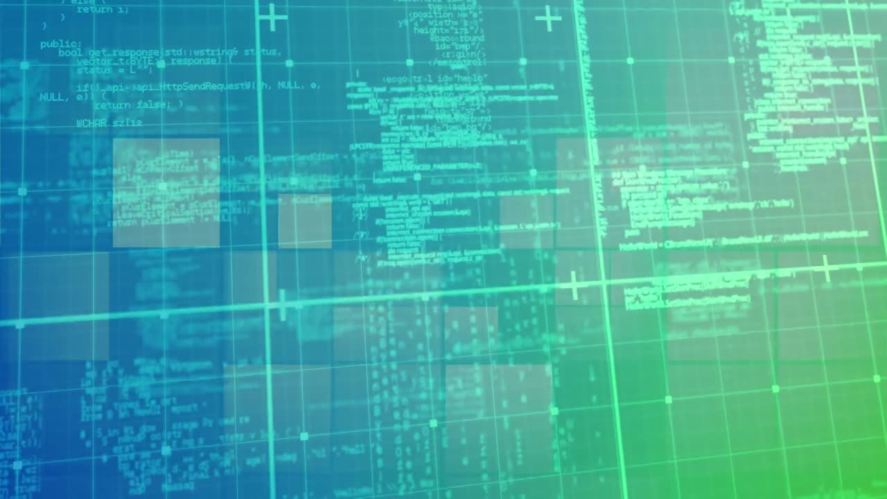animación del procesamiento de datos digitales sobre pantallas y fondo de cuadrícula