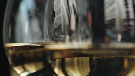 Closeup-view-of-multiple-wine-glasses-with-champagne-degustation-at-a-French-restaurant