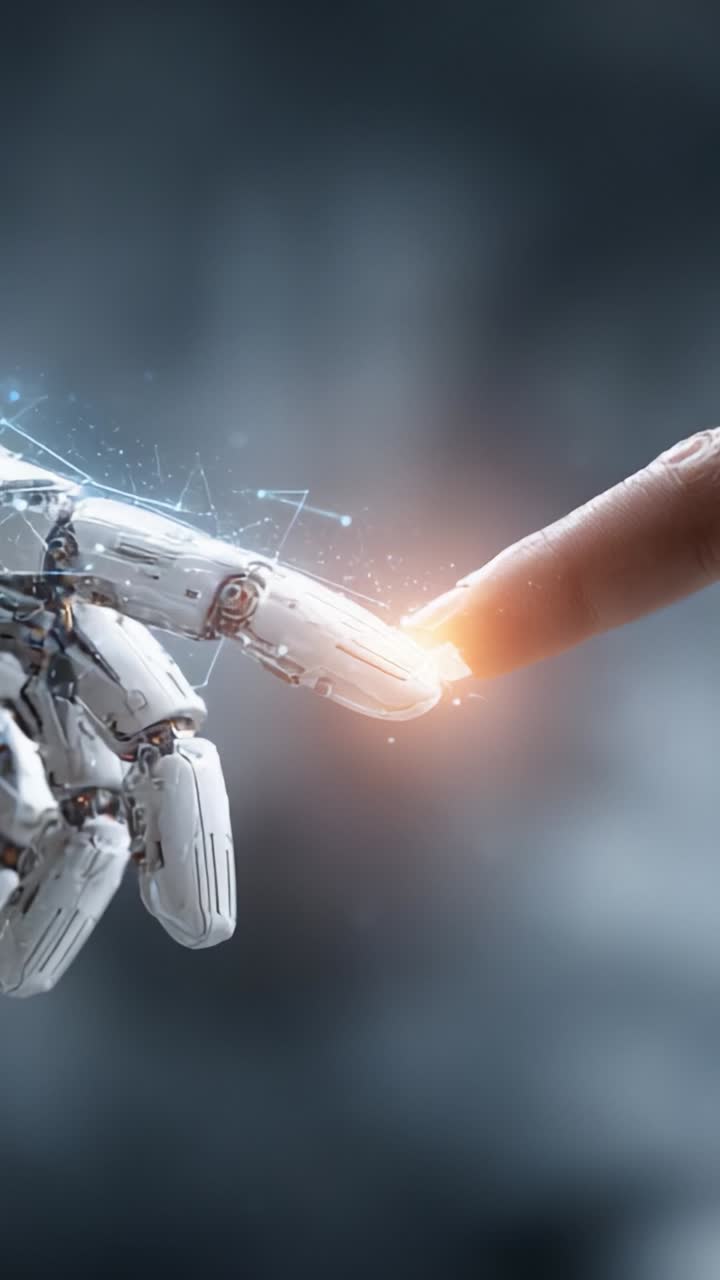 The Intersection of Humanity and Technology: A Glimpse into the Touch Between Human Finger and Robotic Hand Symbolizing Connection and Innovation
