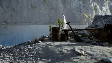 wooden barrels with sea fish at the sand beach