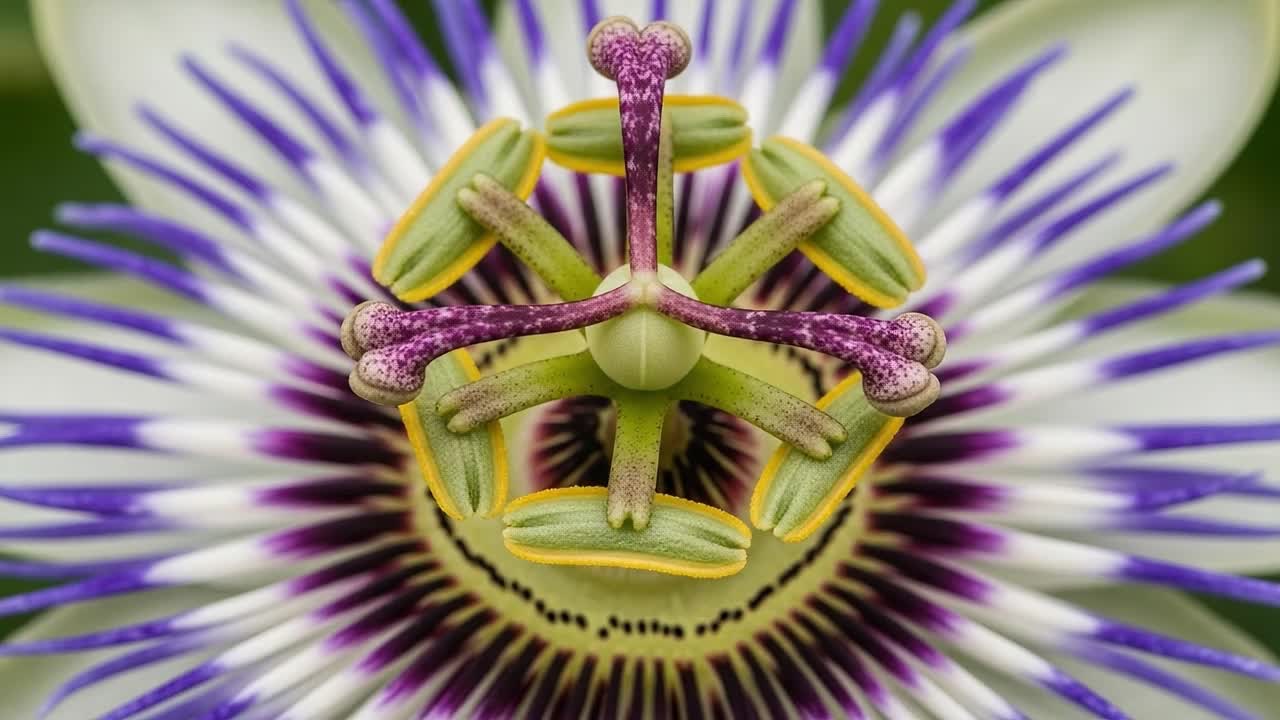 Stunning Close-Up of a Passion Flower: Vibrant Colors and Intricate Structures Captured in Nature's Masterpiece