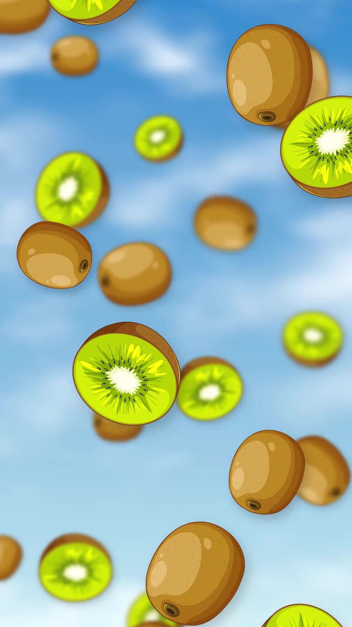 Kiwis enteros y en rodajas caen continuamente contra un cielo azul brillante con nubes suaves.