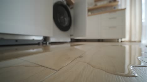 water leaking from a washing machine in a contemporary kitchen setting