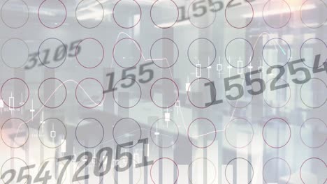 Multiple changing numbers and round shapes in seamless pattern against empty office