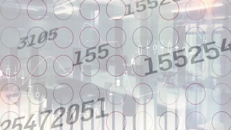 multiple changing numbers and round shapes in seamless pattern against empty office