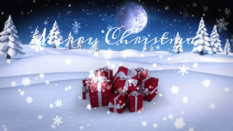 Animation-of-merry-christmas-text-over-christmas-presents-and-winter-landscape