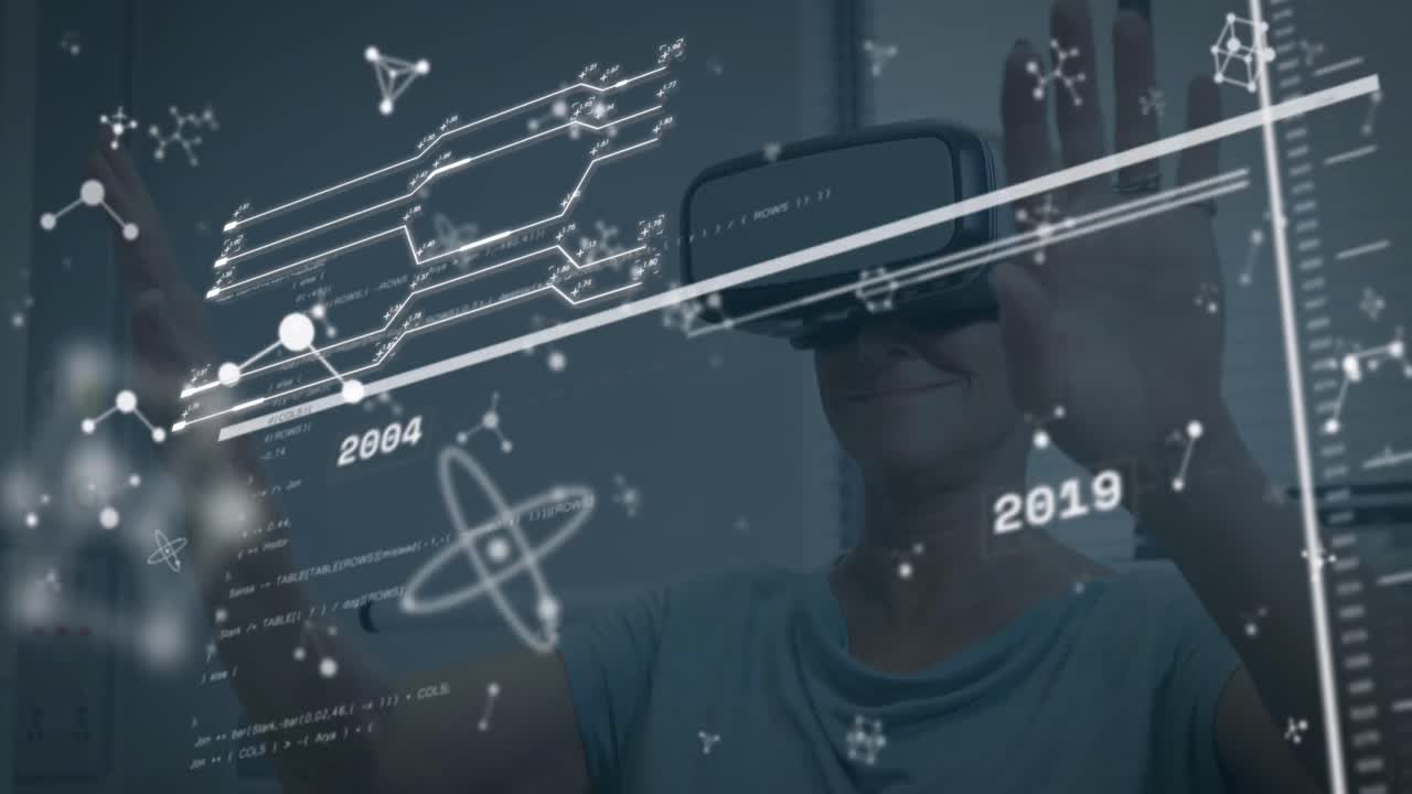 Animation of network of connections and data processing over dark background