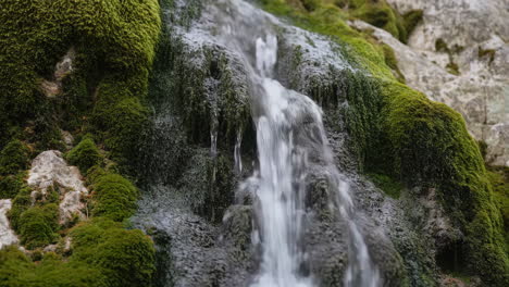 close-up of a waterfall flowing over mossy rocks