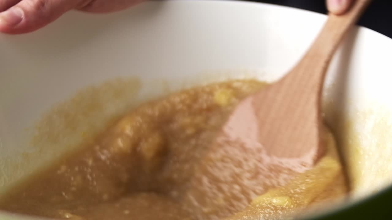 Closeup of mixing raw cookie dough using wooden spoon in bowl
