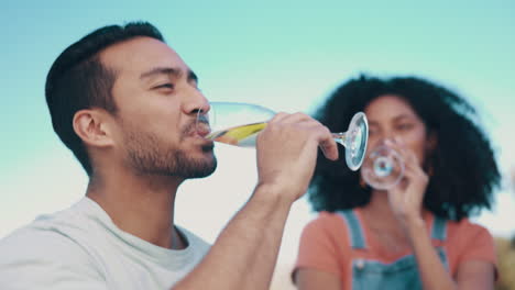 amor, picnic y champán con una pareja en la naturaleza