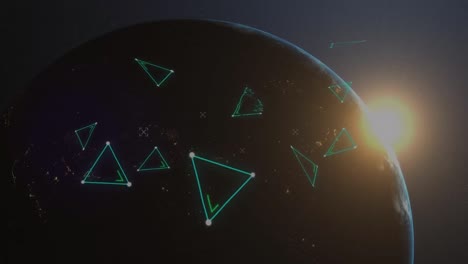 animation of network of connections with green triangles over globe