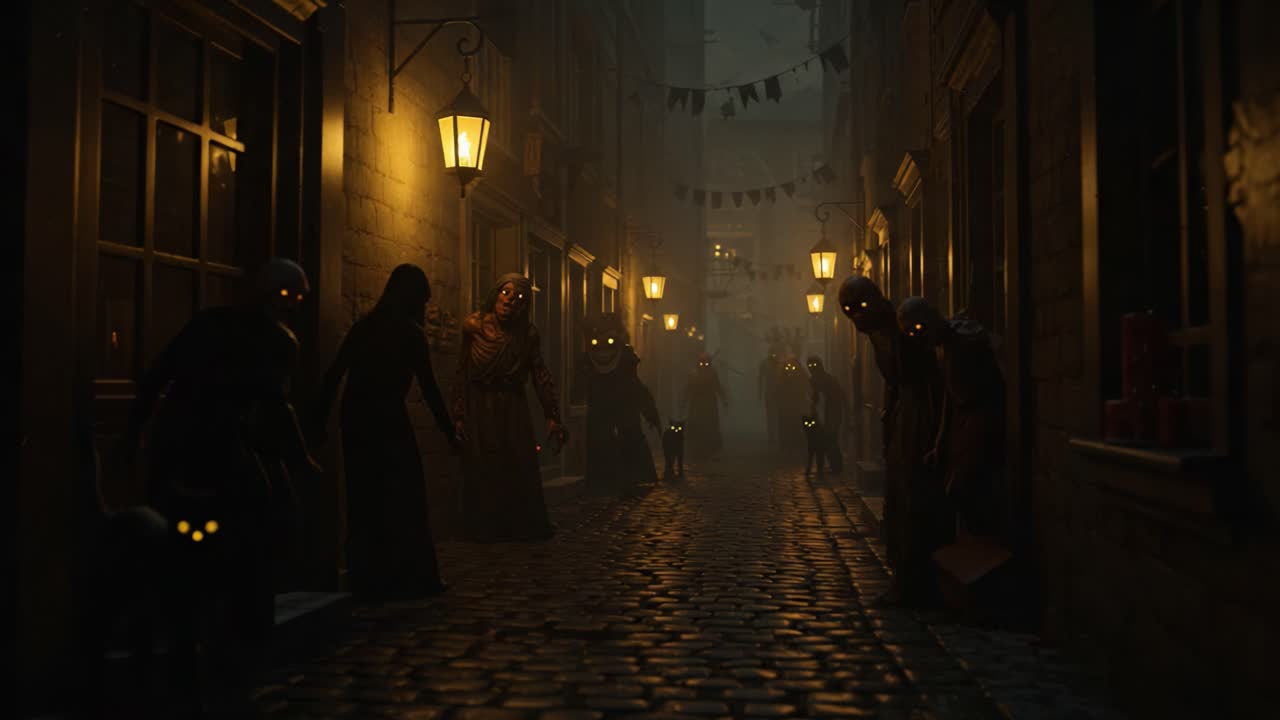 A Mysterious Night Walk: Shadows and Glowing Eyes Lurking in a Foggy Alley, Creating an Eerie Atmosphere Filled with Intrigue and Anticipation