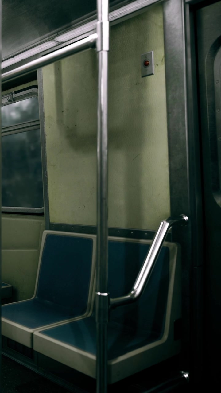 Vagone della metropolitana vuoto a tarda notte con porta chiusa.