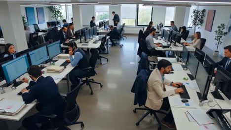 busy modern open-plan office with employees working