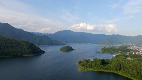 stunning aerial view of a serene lake surrounded by lush mountains