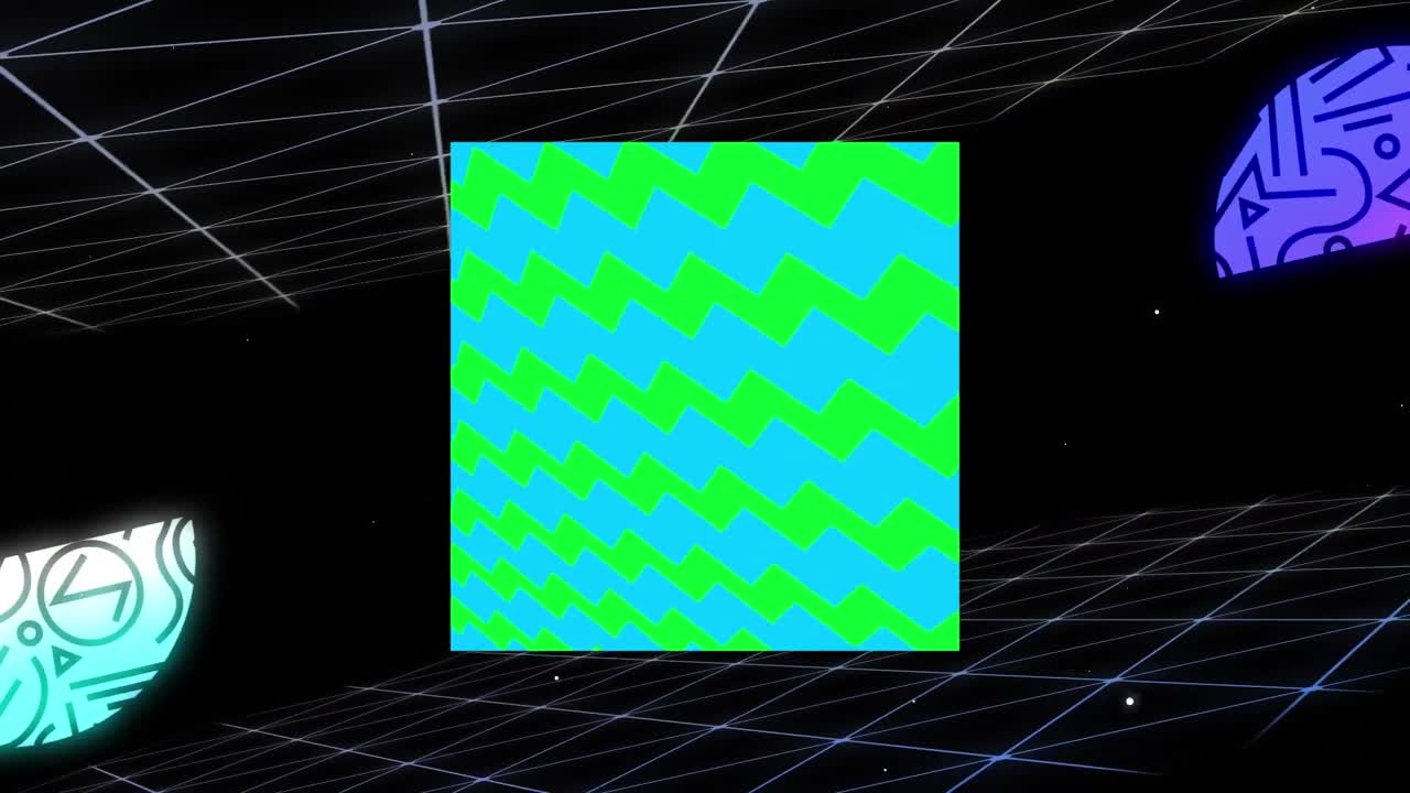 검은색 배경 위에 움직이는 네온 모양의 애니메이션