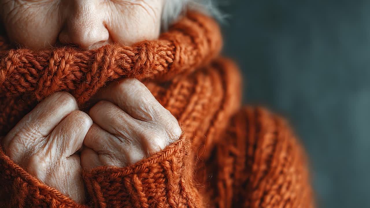 Embracing Warmth: An Elderly Individual in a Cozy Knit Sweater, Capturing the Essence of Comfort and Care in Their Gentle Hands and Thoughtful Expression