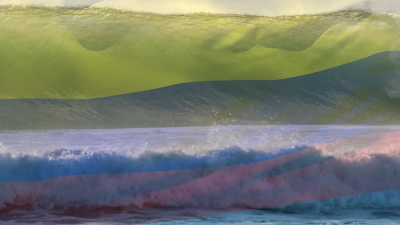 animación de la bandera de colombia soplando sobre las olas en el mar