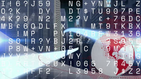 Digital globe spinning with red dot matrix overlay above city skyline and streaming code columns