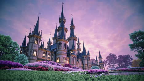 a whimsical castle scene at sunset with vibrant gardens, captured from a low-angle