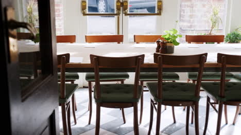 close up of tables and chairs set for service in empty restaurant