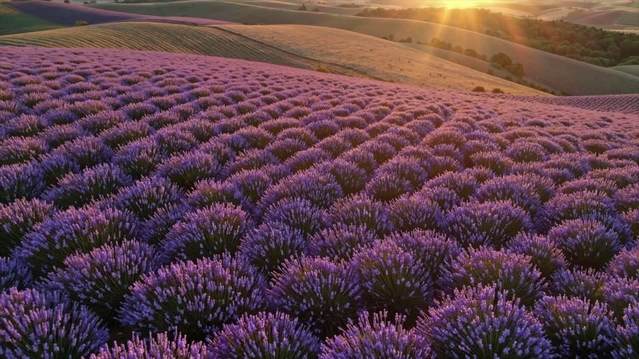 CGI aerial drone footage of lavender fields in full bloom in Provence, France, showcasing breathtaking 4K scenic views of the vibrant purple landscape.